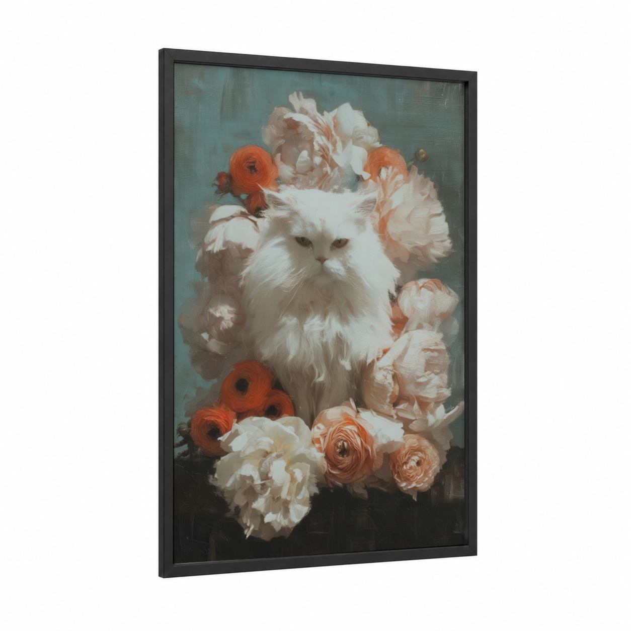 Floral White Cat framed art print — black wood frame — cream and peach palette
