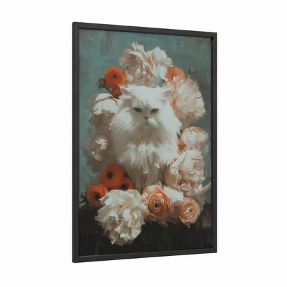 Floral White Cat framed art print — black wood frame — cream and peach palette
