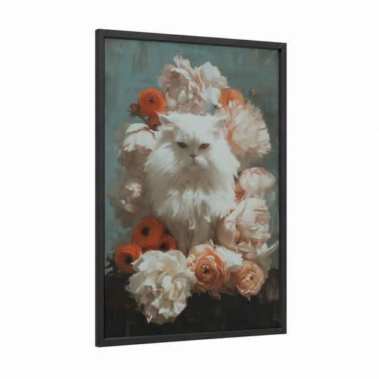 Floral White Cat framed art print — black wood frame — cream and peach palette