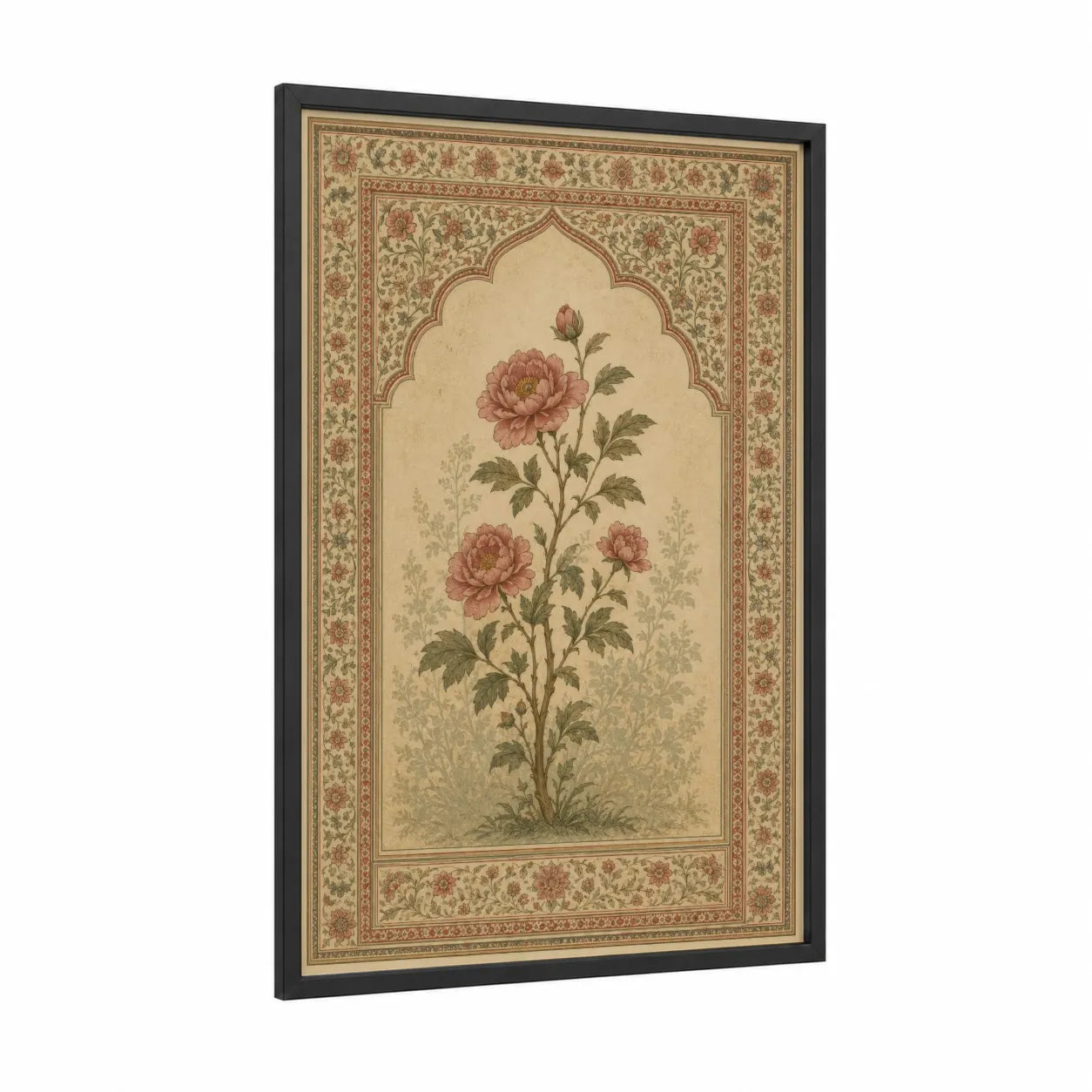 Persian Peony Garden Wall Art framed art print — black wood frame — beige and salmon pink palette
