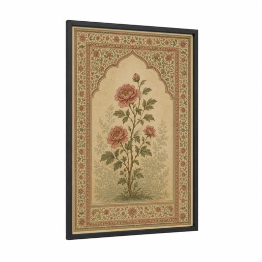 Persian Peony Garden Wall Art framed art print — black wood frame — beige and salmon pink palette