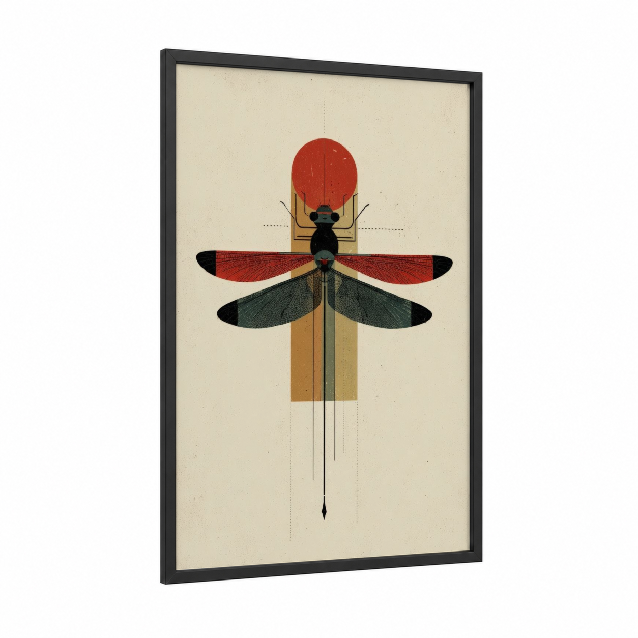 Geometric Dragonfly framed art print — black wood frame — gold and red palette