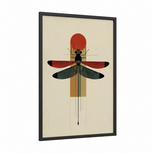 Geometric Dragonfly framed art print — black wood frame — gold and red palette