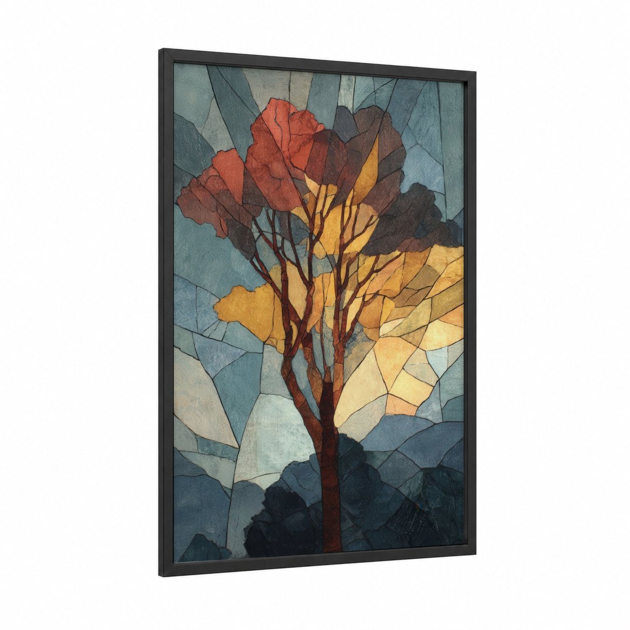 Autumn Arbutus framed arbutus tree print — black wood frame — gold and teal palette