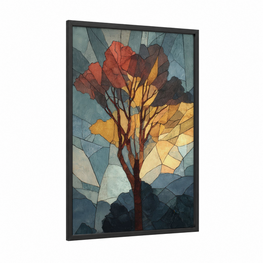 Autumn Arbutus framed arbutus tree print — black wood frame — gold and teal palette