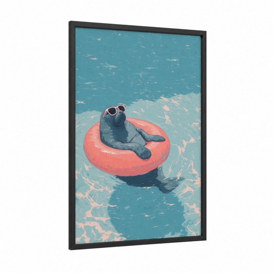 Poolside Manatee framed manatees print — black wood frame — turquoise and salmon pink palette