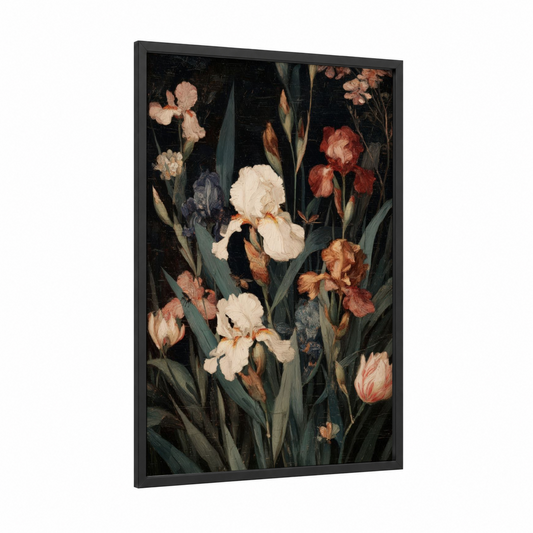 Dark Iris Garden framed art print — black wood frame — black and white and russet palette