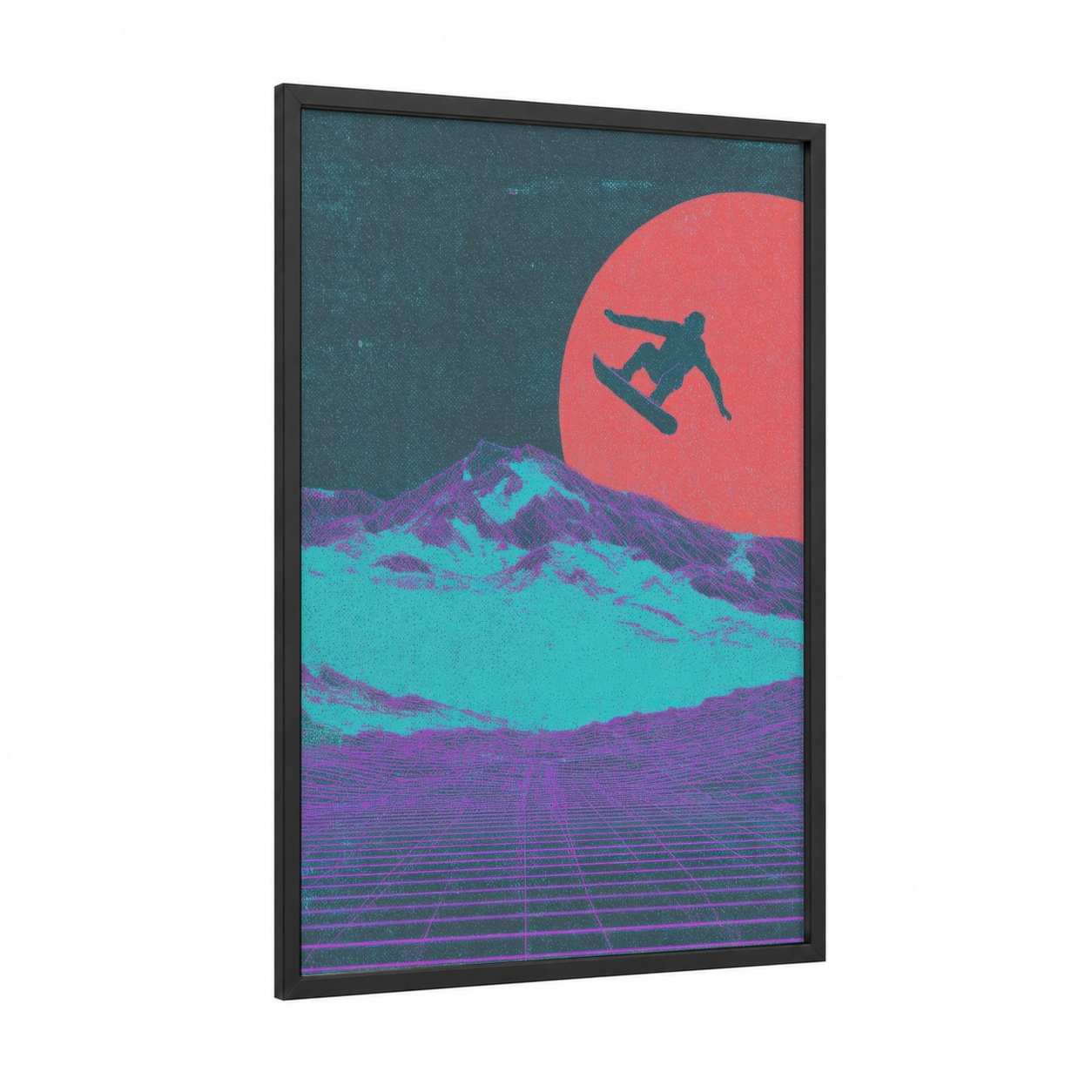 Neon Snowboarder framed snowboarding print — black wood frame — magenta and turquoise palette