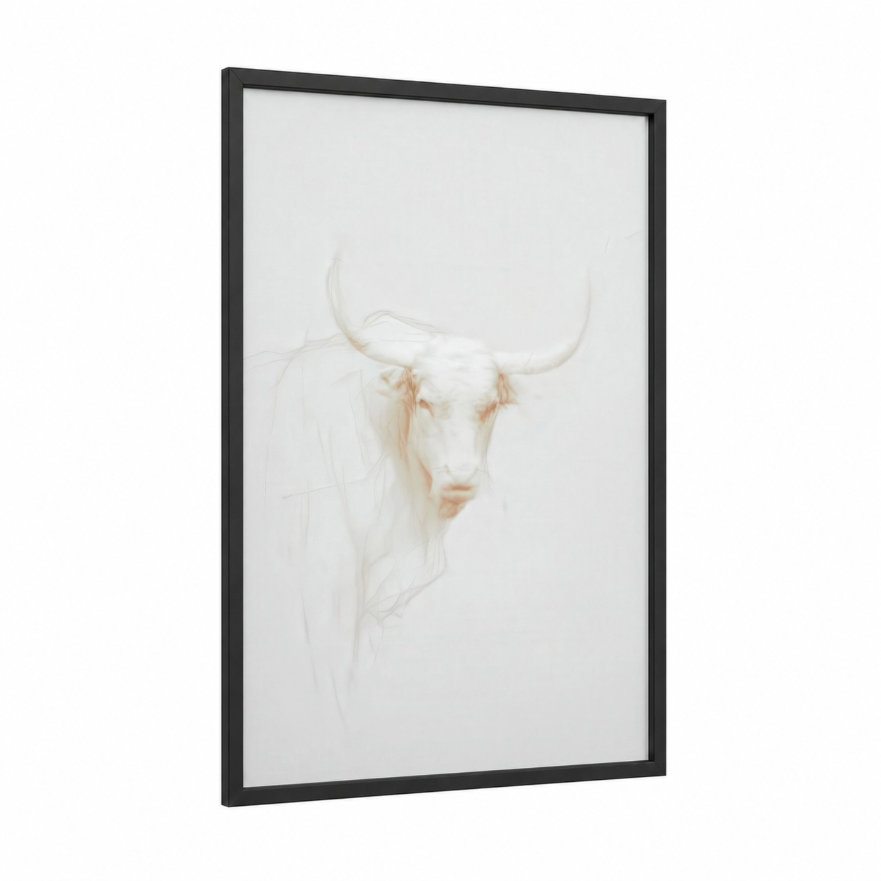 Cream Longhorn Bull framed art print — black wood frame — cream and peach palette