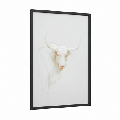 Cream Longhorn Bull framed art print — black wood frame — cream and peach palette