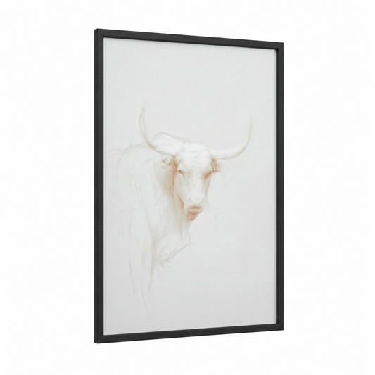 Cream Longhorn Bull framed art print — black wood frame — cream and peach palette