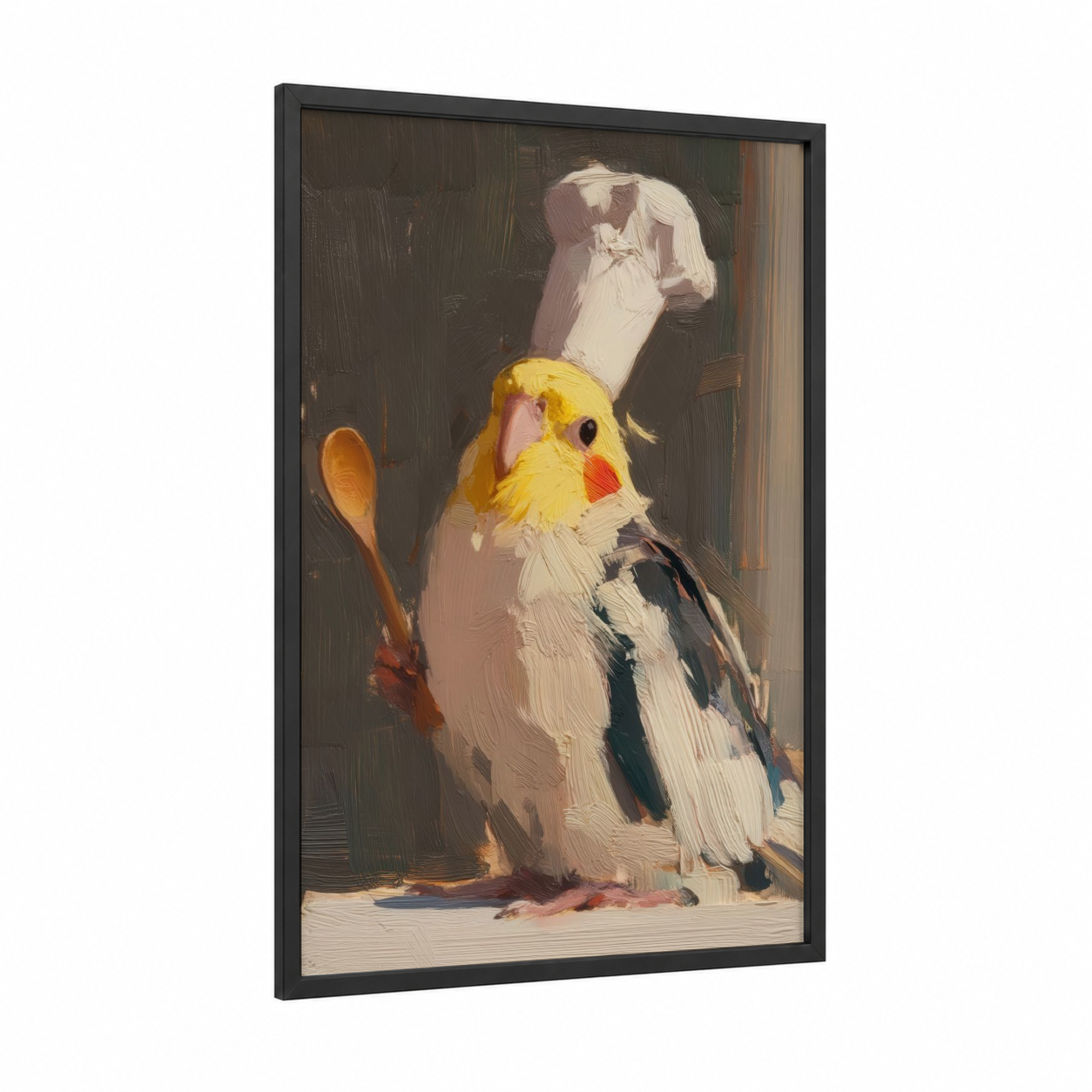 Chef Cockatiel framed art print — black wood frame — yellow gold and cream palette