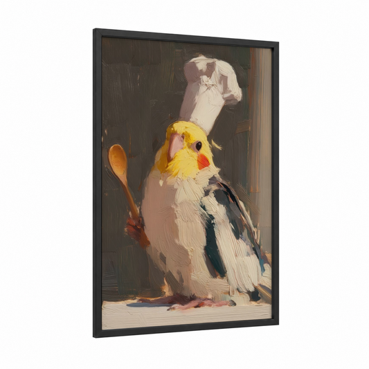 Chef Cockatiel framed art print — black wood frame — yellow gold and cream palette