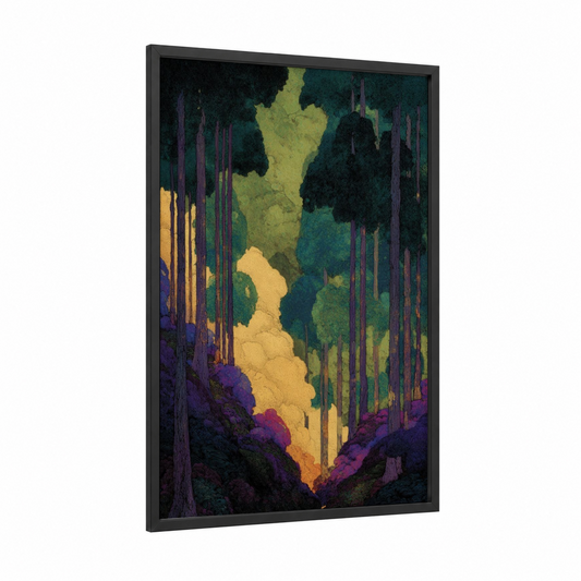 Glowing Dreamscape framed art print — black wood frame — gold and teal palette