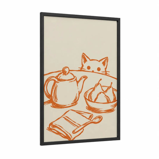 Curious Cat with Tea Set Wall Art framed art print — black wood frame — orange and beige palette