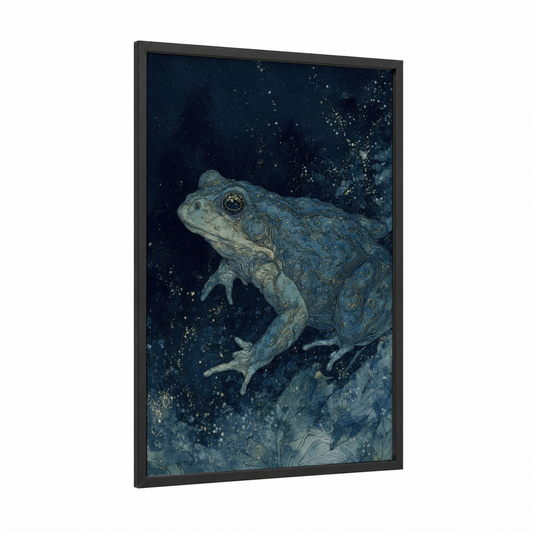 Celestial Toad framed frogs and toads print — black wood frame — dark blue and gold palette