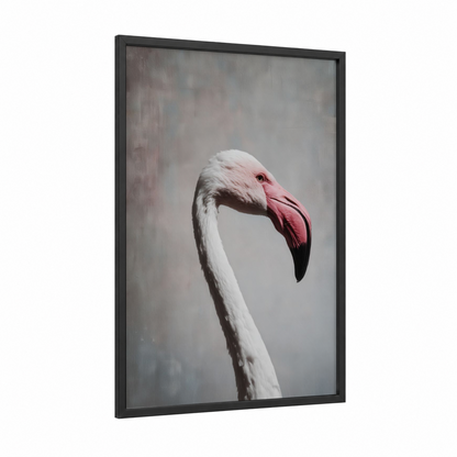 Pink Flamingo Portrait framed art print — black wood frame — pink and gray and white palette