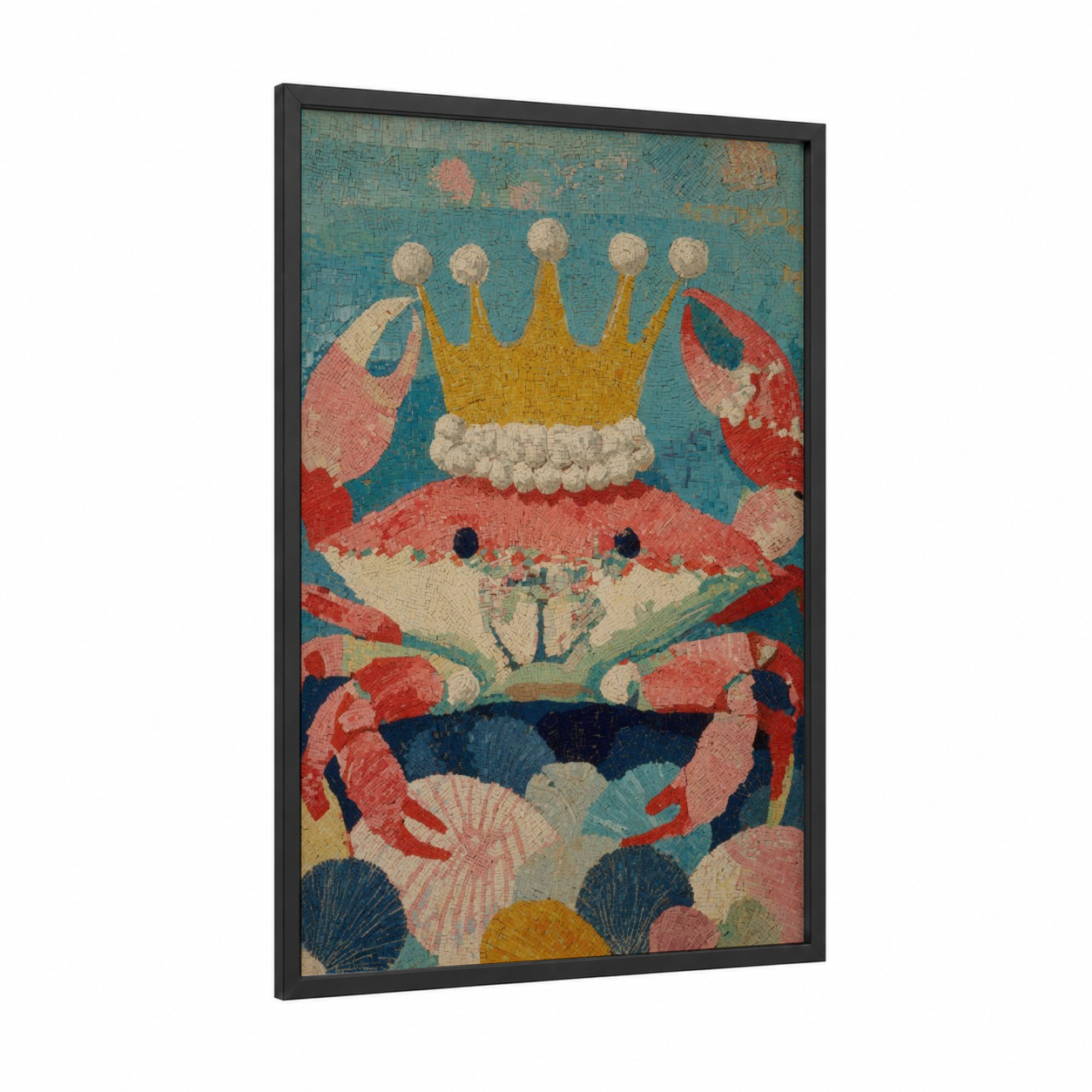Royal Crab Mosaic framed art print — black wood frame — teal and salmon pink palette