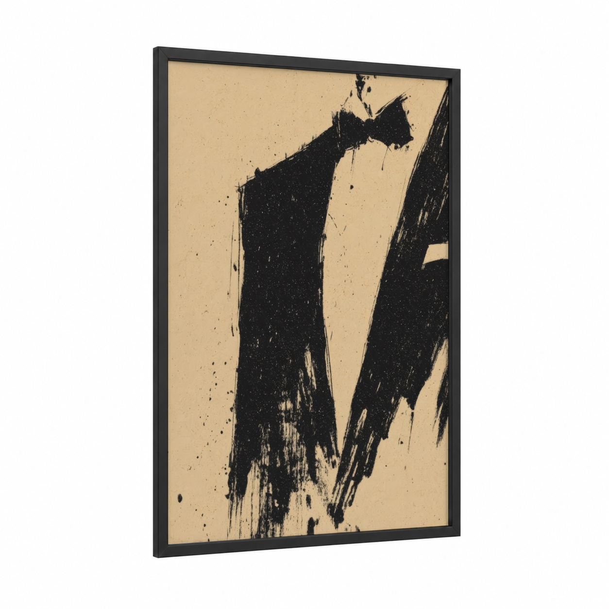 Minimalist Tie Study framed fashion illustration print — black wood frame — black and white and cream palette