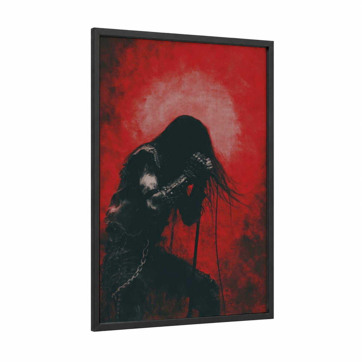 Shadowed Rebellion framed death metal print — black wood frame — red and black palette