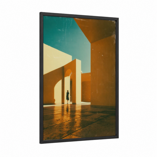 Golden Corridor framed abstract architecture print — black wood frame — gold and teal palette