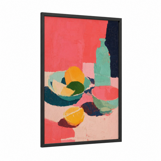 Vibrant Salad Bowl framed art print — black wood frame — red and orange palette