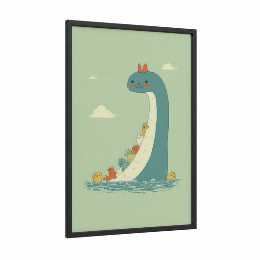 Playful Loch Ness framed loch ness monster print — black wood frame — light green and blue palette