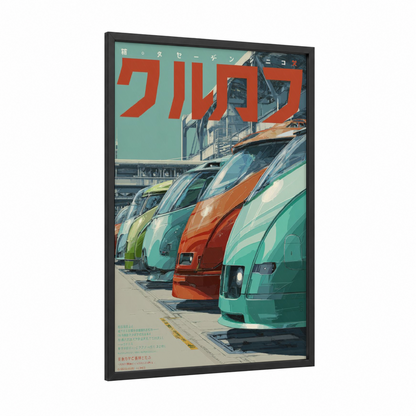 Shinkansen Fleet framed japanese retrofuturism print — black wood frame — teal and red palette