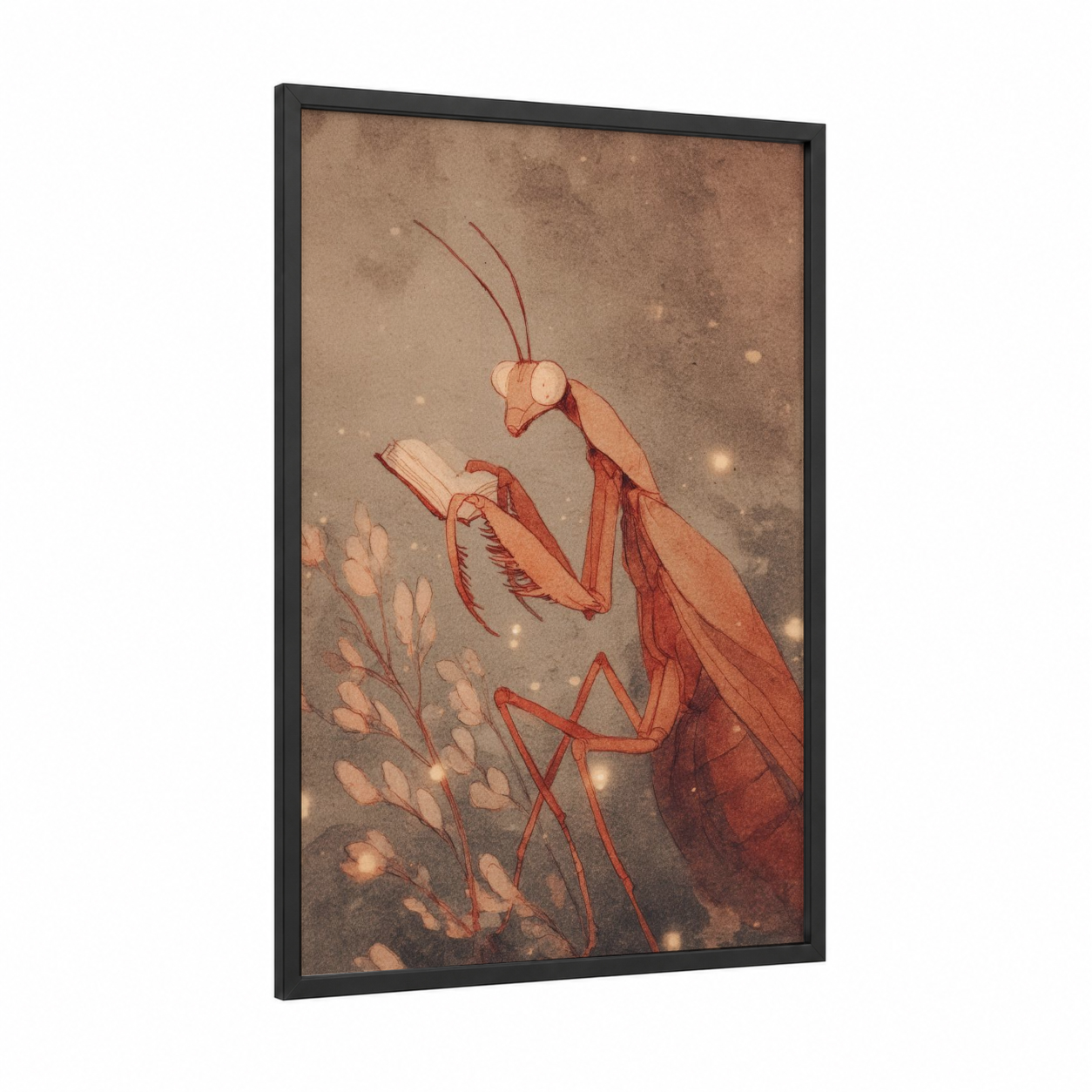 Crimson Mantis framed prayin mantis print — black wood frame — russet and beige palette