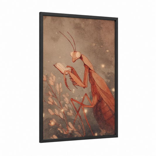 Crimson Mantis framed prayin mantis print — black wood frame — russet and beige palette