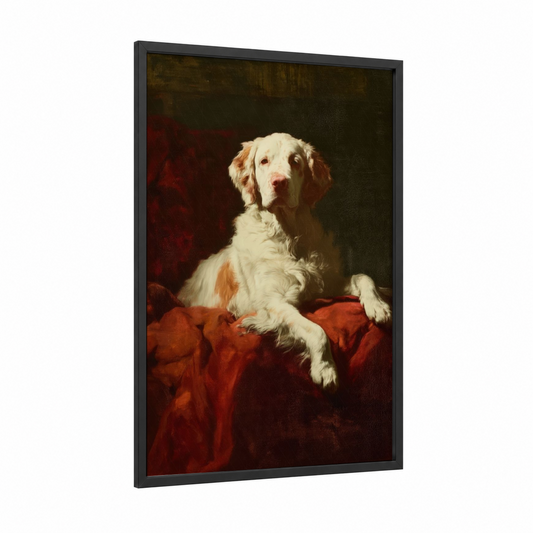 Regal Spaniel framed art print — black wood frame — red and cream palette