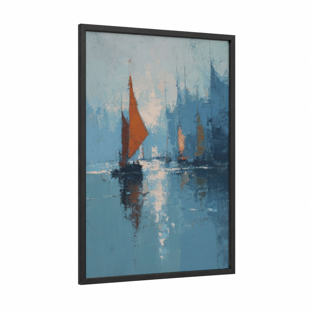 Red Sail Harbor framed port print — black wood frame — blue and gold and blue palette