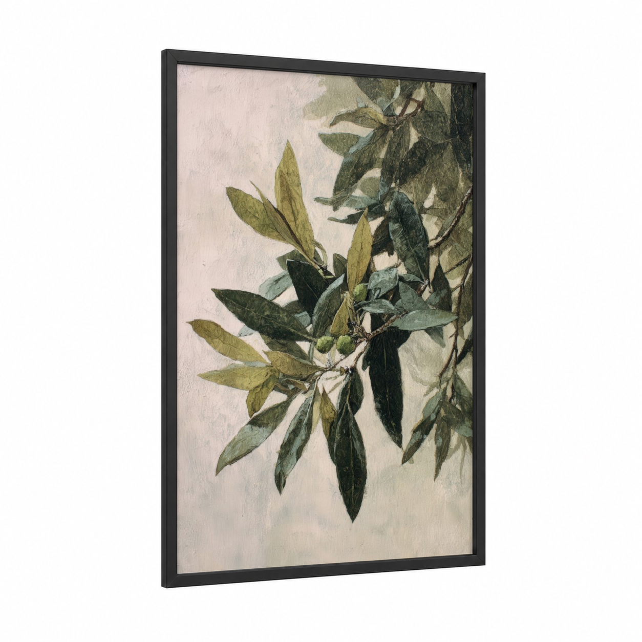 Olive Branch Study framed olive tree print — black wood frame — sage green and cream palette