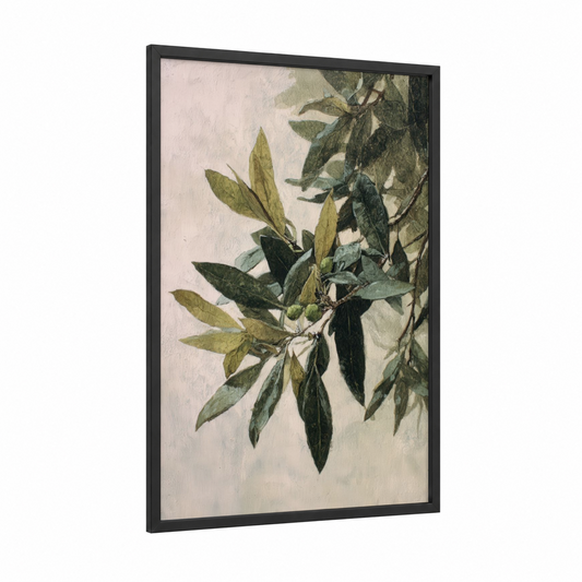 Olive Branch Study framed olive tree print — black wood frame — sage green and cream palette