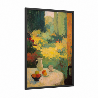 Morning Garden Still Life framed breakfast print — black wood frame — yellow gold and true green palette