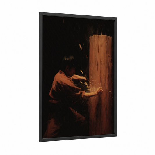 Wooden Punch Master framed kung fu print — black wood frame — gold and black palette