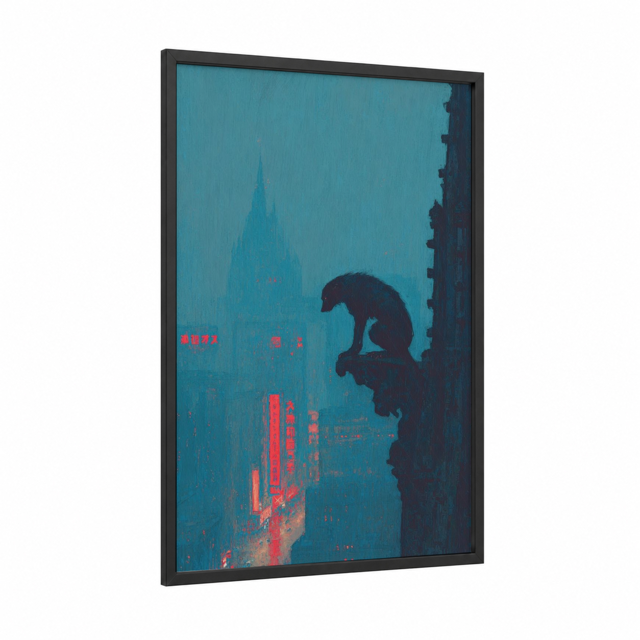 Urban Werewolf framed art print — black wood frame — teal and black and red palette