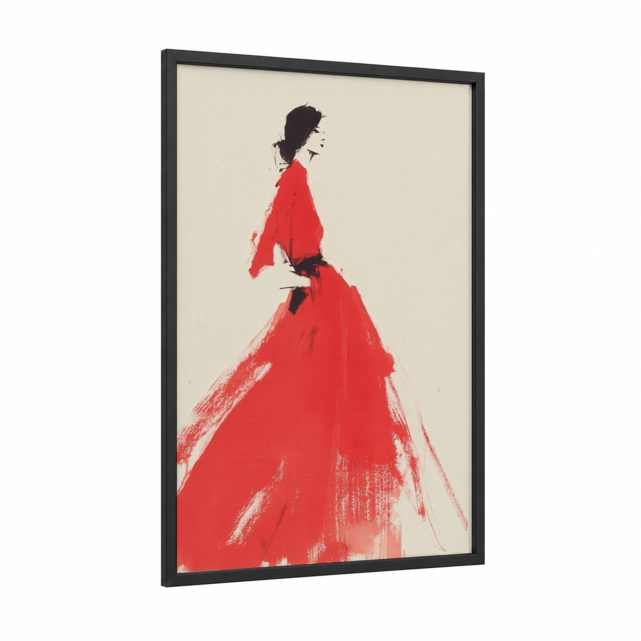 Crimson Elegance framed fashion illustration print — black wood frame — red and beige palette