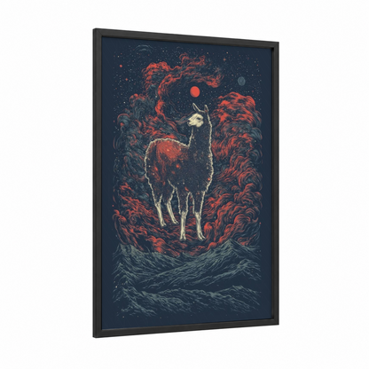 Cosmic Llama framed art print — black wood frame — dark blue and red palette