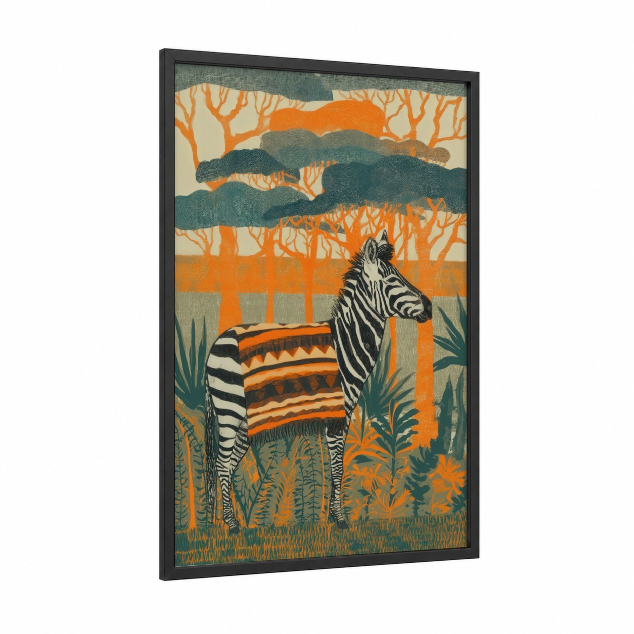 Decorated Zebra framed art print — black wood frame — orange and black and white palette