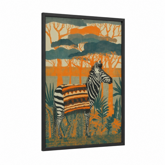Decorated Zebra framed art print — black wood frame — orange and black and white palette
