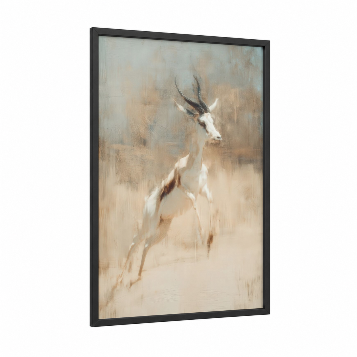 Graceful Antelope framed art print — black wood frame — cream and beige palette
