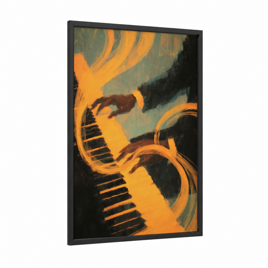 Golden Piano Motion framed art print — black wood frame — gold and teal palette