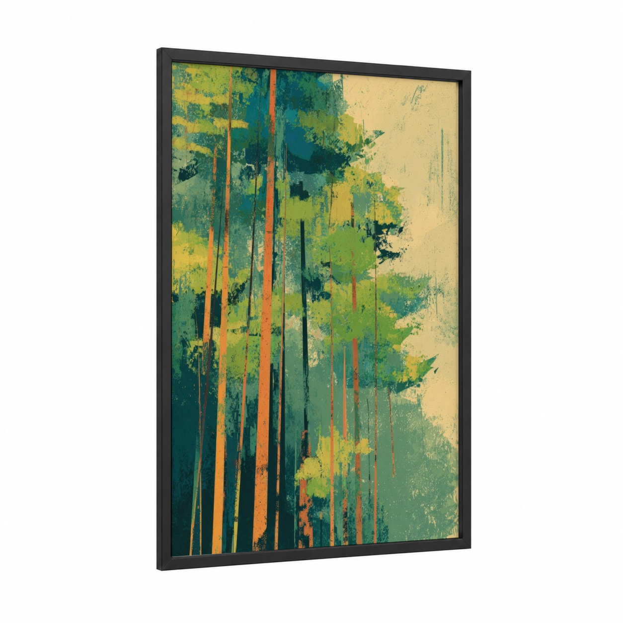 Verdant Cedar Forest framed art print — black wood frame — teal and gold palette
