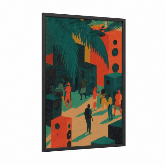 Urban Reggae Vibes framed art print — black wood frame — orange and teal palette