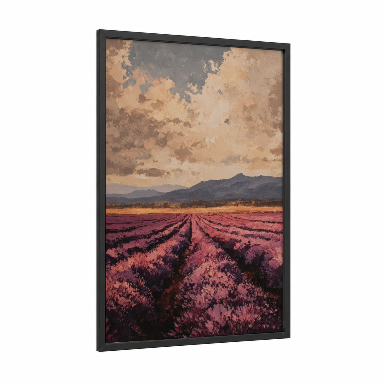 Lavender Sunset Field framed lavender field print — black wood frame — gold and magenta palette