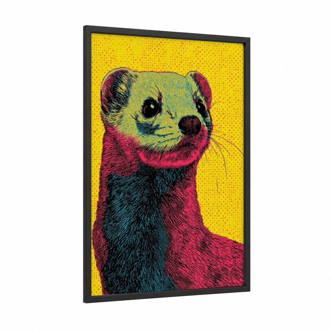 Neon Weasel framed art print — black wood frame — magenta and yellow gold palette