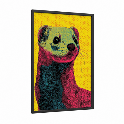 Neon Weasel framed art print — black wood frame — magenta and yellow gold palette