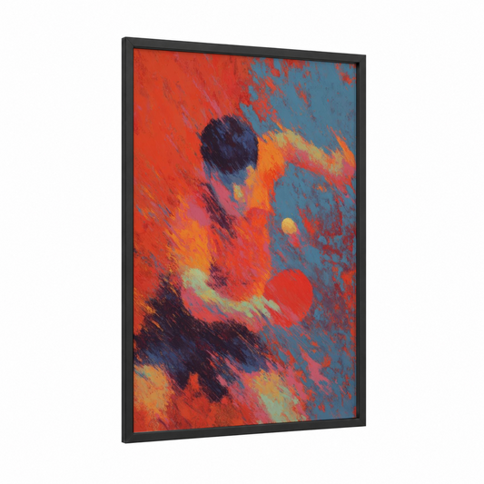 Crimson Motion framed table tennis print — black wood frame — red and orange palette