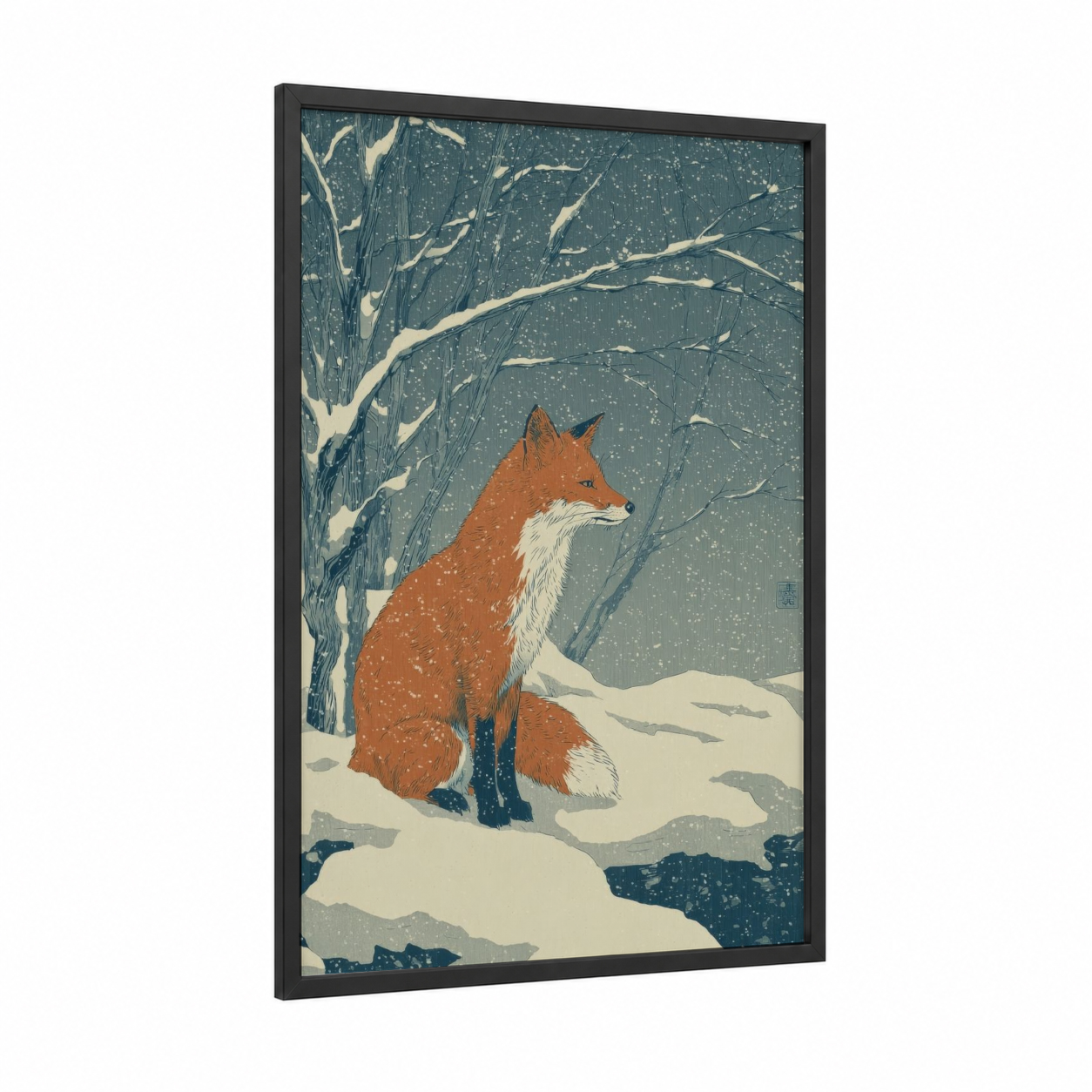 Snowy Fox Vigil framed art print — black wood frame — blue and white and russet palette